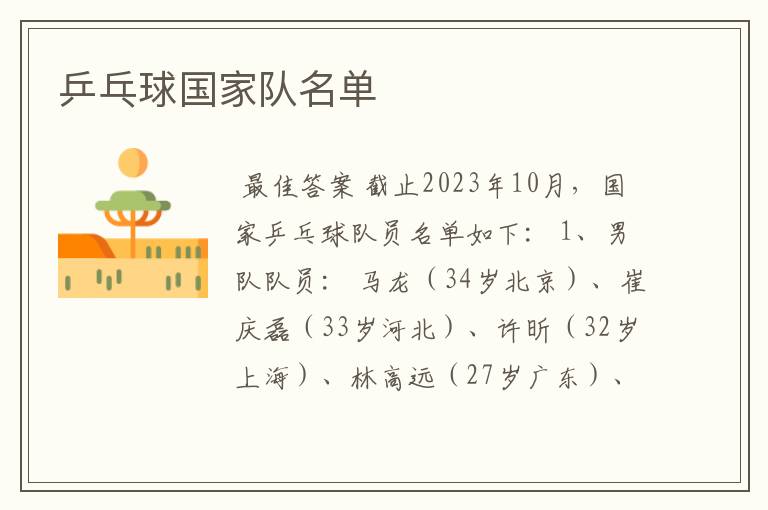乒乓球国家队名单