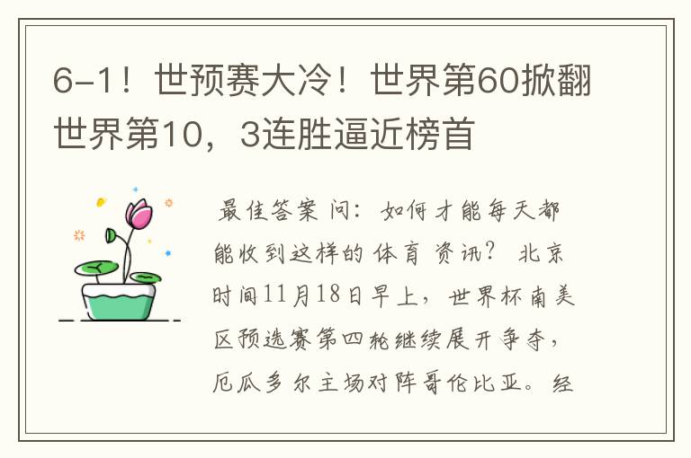 6-1!世预赛大冷!世界第60掀翻世界第10,3连胜逼近榜首