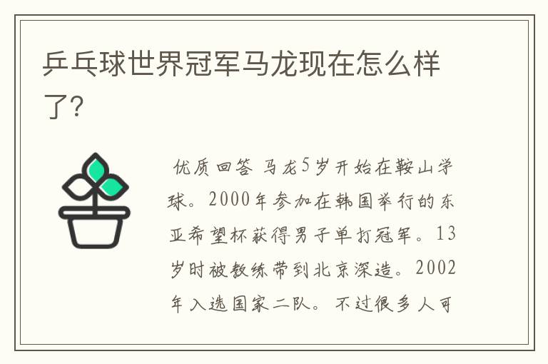 乒乓球世界冠军马龙现在怎么样了?