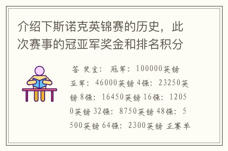 介绍下斯诺克英锦赛的历史,此次赛事的冠亚军奖金和排名积分各是多少?