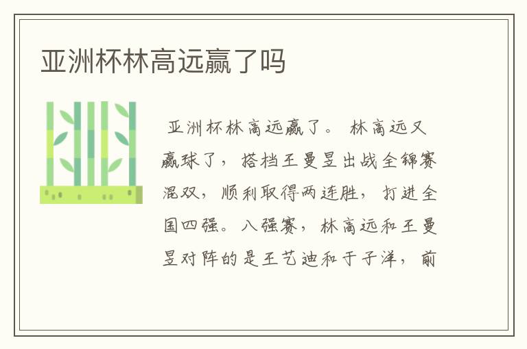 亚洲杯林高远赢了吗