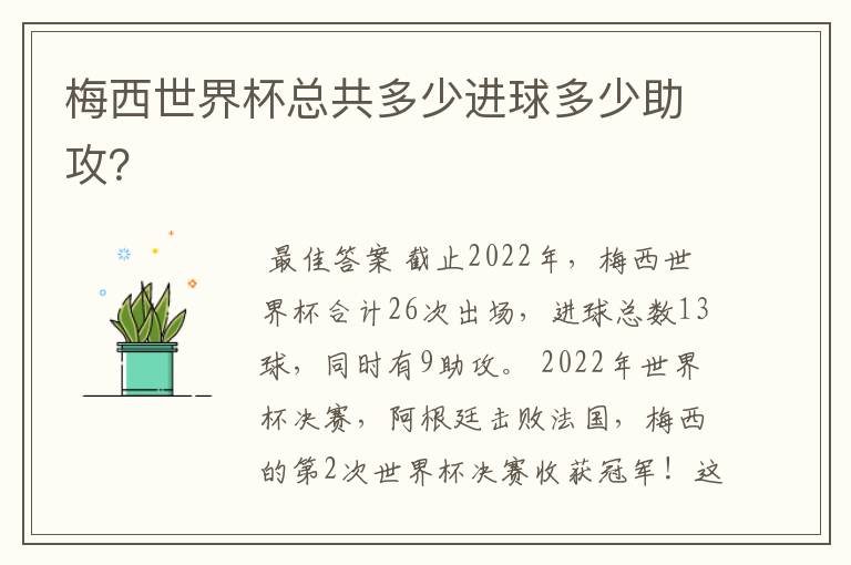 梅西世界杯总共多少进球多少助攻?
