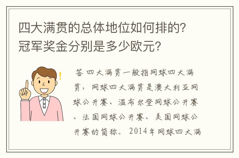 四大满贯的总体地位如何排的?冠军奖金分别是多少欧元?