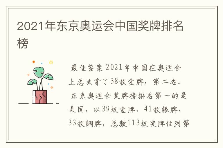 2021年东京奥运会中国奖牌排名榜