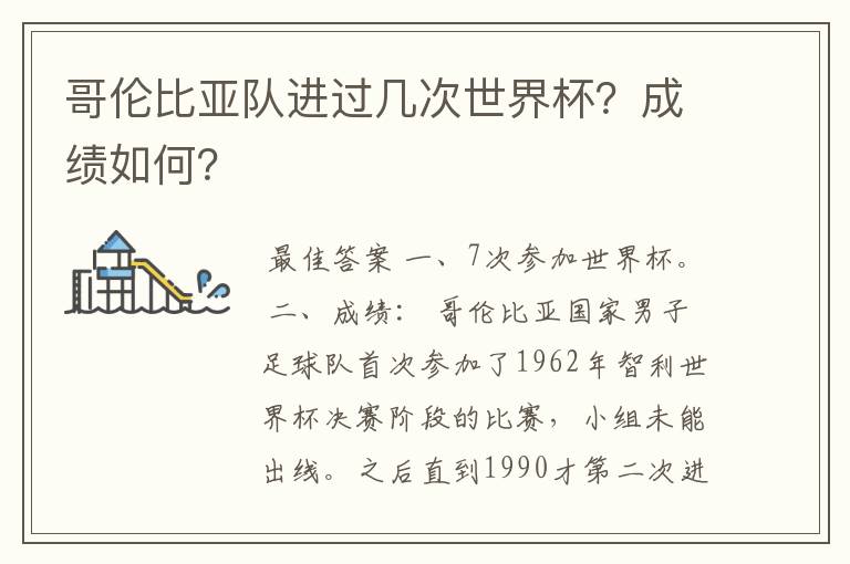 哥伦比亚队进过几次世界杯?成绩如何?