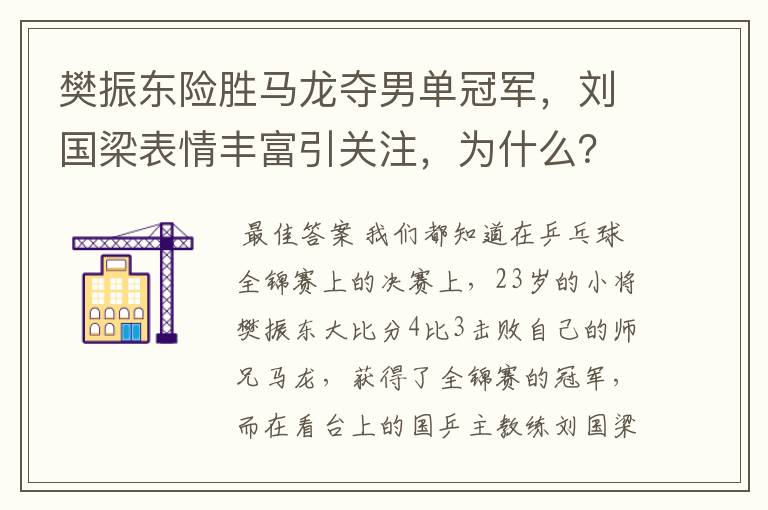 樊振东险胜马龙夺男单冠军,刘国梁表情丰富引关注,为什么?