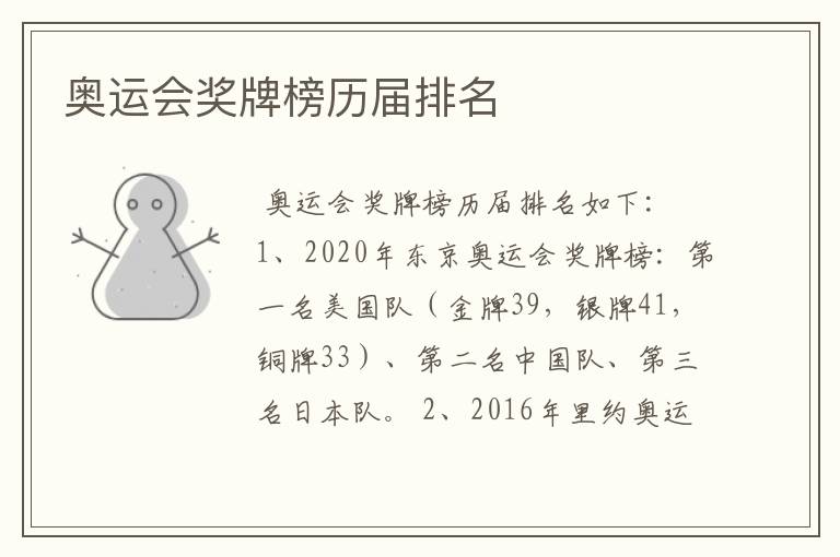 奥运会奖牌榜历届排名