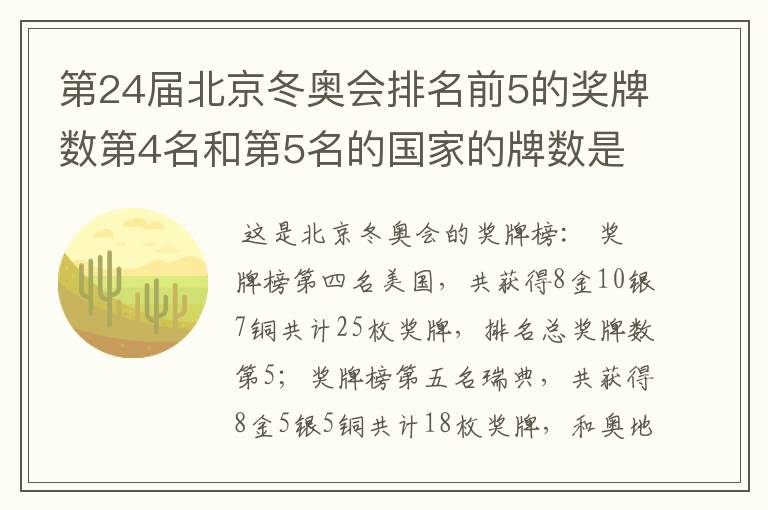 第24届北京冬奥会排名前5的奖牌数第4名和第5名的国家的牌数是多少?