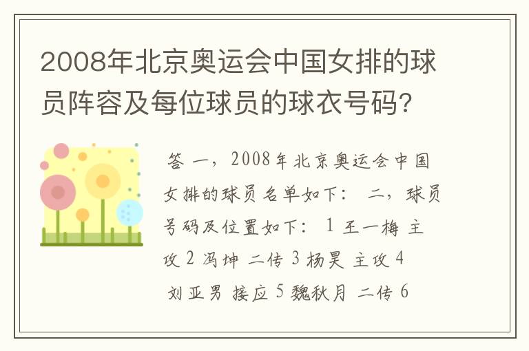 2008年北京奥运会中国女排的球员阵容及每位球员的球衣号码?