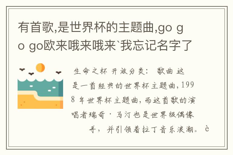 有首歌,是世界杯的主题曲,go go go欧来哦来哦来`我忘记名字了