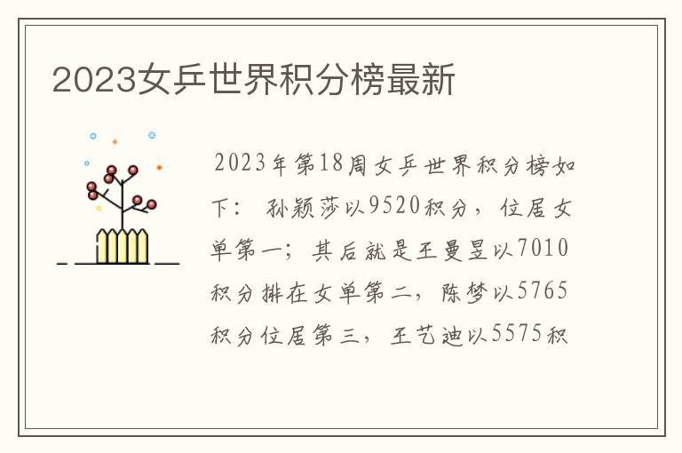 2023女乒世界积分榜最新