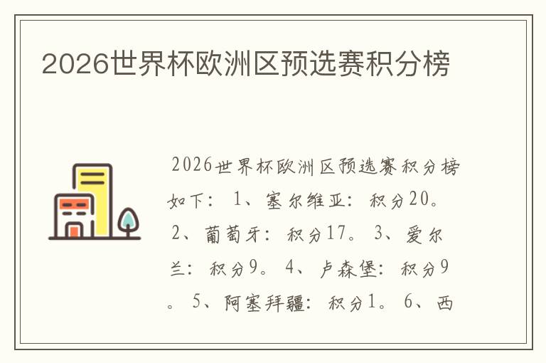 2026世界杯欧洲区预选赛积分榜