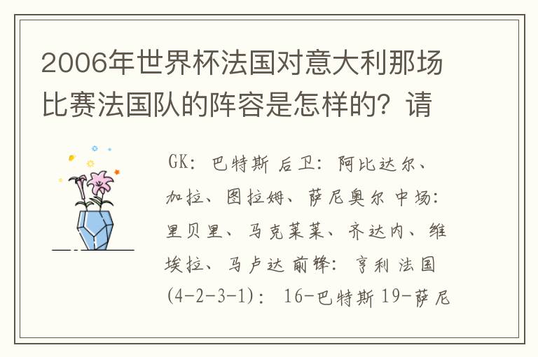 2006年世界杯法国对意大利那场比赛法国队的阵容是怎样的？请写出上场人员名单