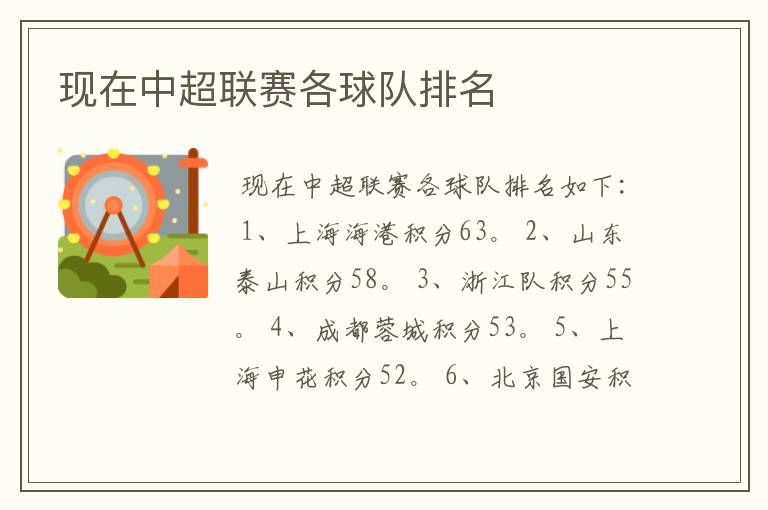 现在中超联赛各球队排名