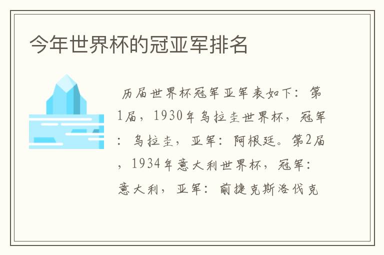 今年世界杯的冠亚军排名