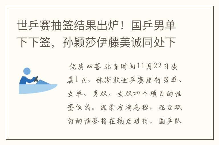 世乒赛抽签结果出炉!国乒男单下下签,孙颖莎伊藤美诚同处下半区