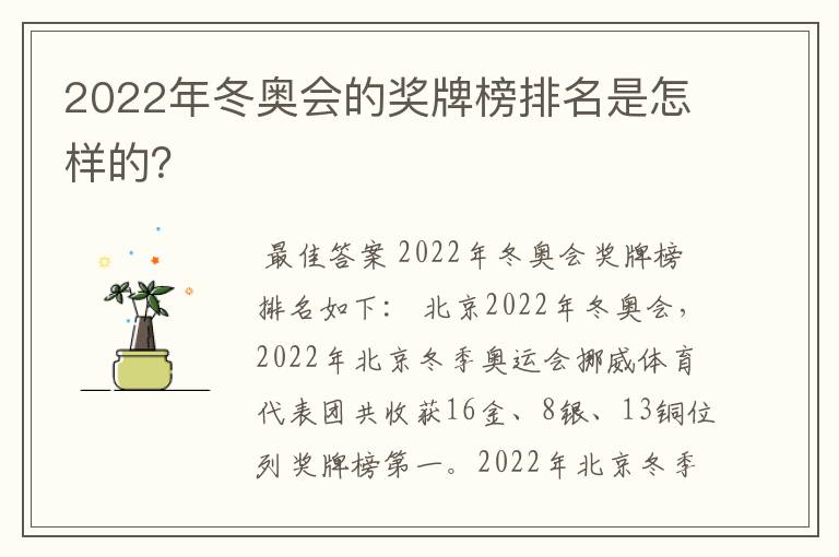 2022年冬奥会的奖牌榜排名是怎样的?
