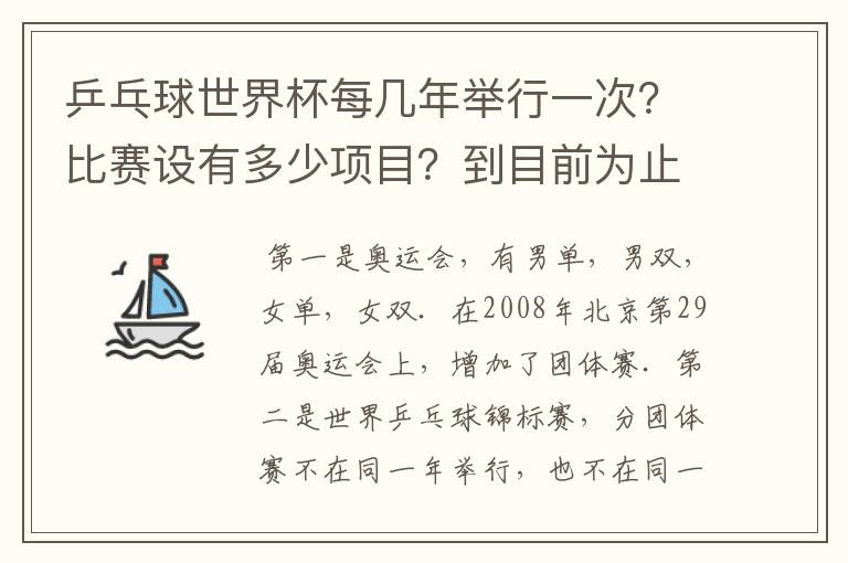 乒乓球世界杯每几年举行一次?比赛设有多少项目?到目前为止男女各举办了几届?