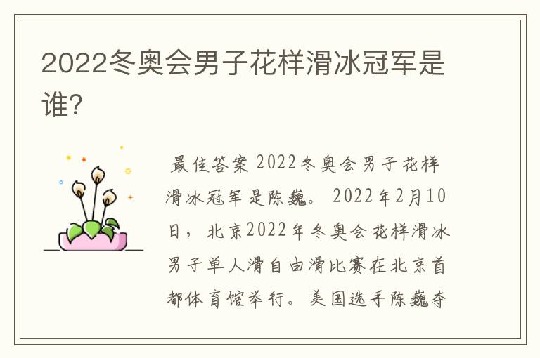 2022冬奥会男子花样滑冰冠军是谁?
