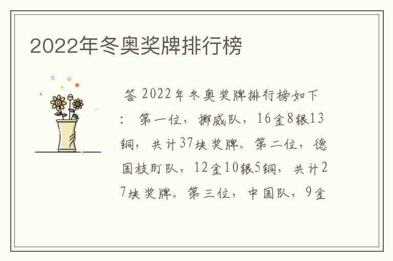 2022年冬奥奖牌排行榜