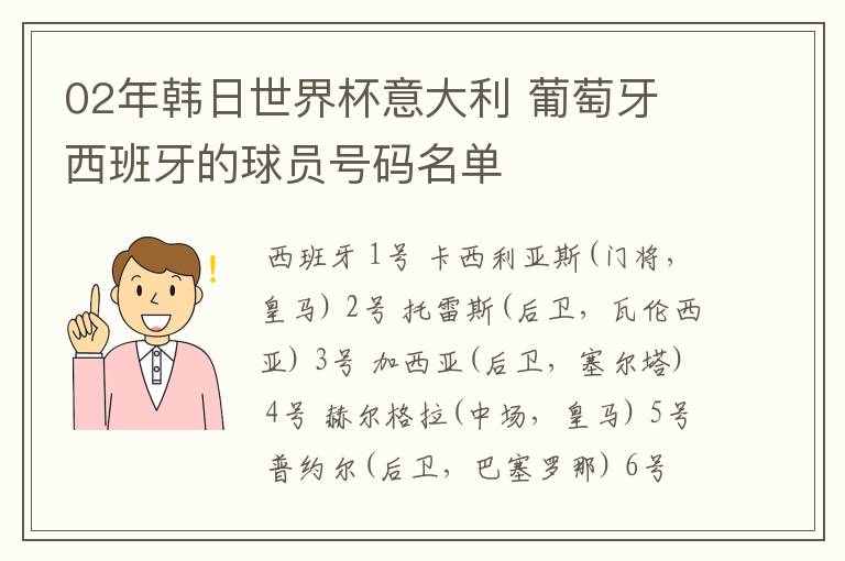 02年韩日世界杯意大利 葡萄牙 西班牙的球员号码名单