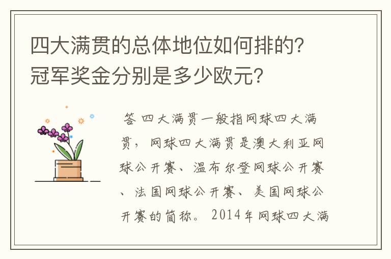 四大满贯的总体地位如何排的?冠军奖金分别是多少欧元?