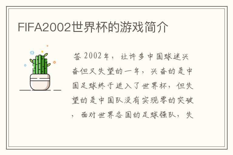 FIFA2002世界杯的游戏简介