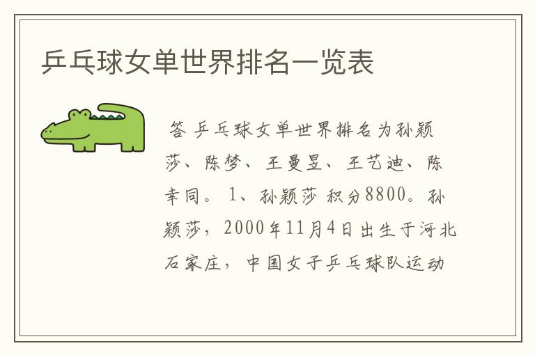 乒乓球女单世界排名一览表