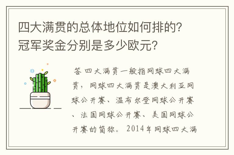 四大满贯的总体地位如何排的?冠军奖金分别是多少欧元?