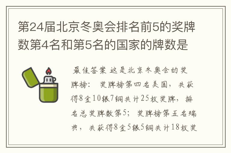 第24届北京冬奥会排名前5的奖牌数第4名和第5名的国家的牌数是多少?