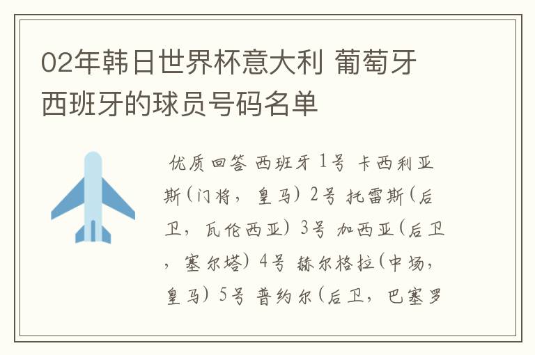 02年韩日世界杯意大利 葡萄牙 西班牙的球员号码名单