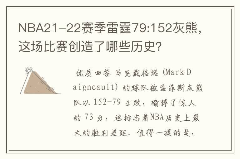 NBA21-22赛季雷霆79:152灰熊,这场比赛创造了哪些历史?