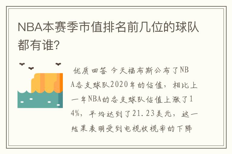 NBA本赛季市值排名前几位的球队都有谁?