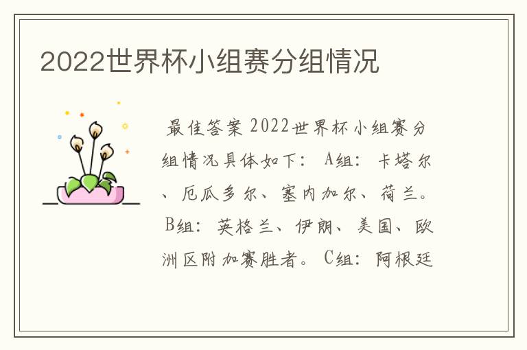 2022世界杯小组赛分组情况