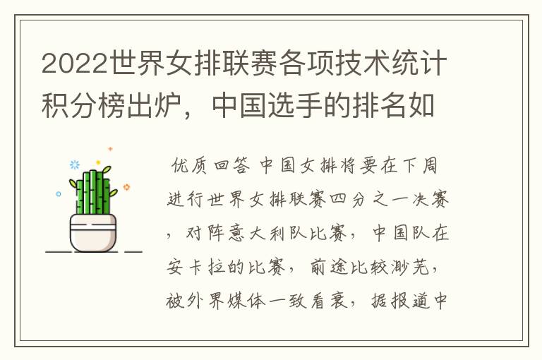 2022世界女排联赛各项技术统计积分榜出炉,中国选手的排名如何?