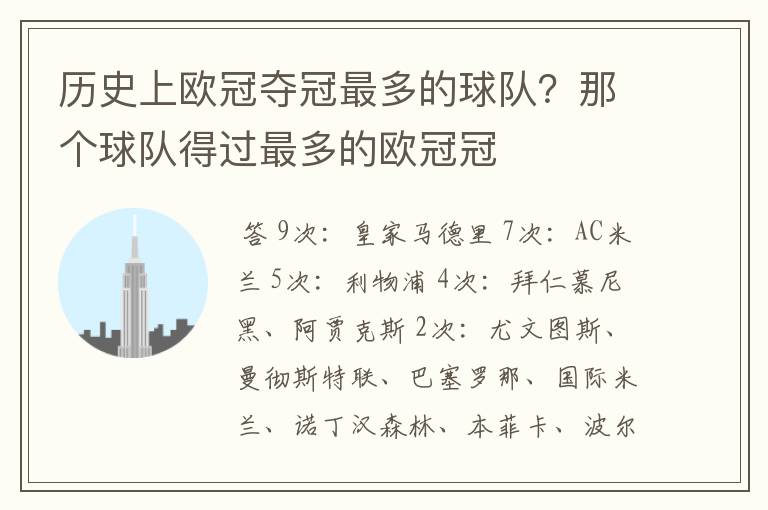 历史上欧冠夺冠最多的球队?那个球队得过最多的欧冠冠