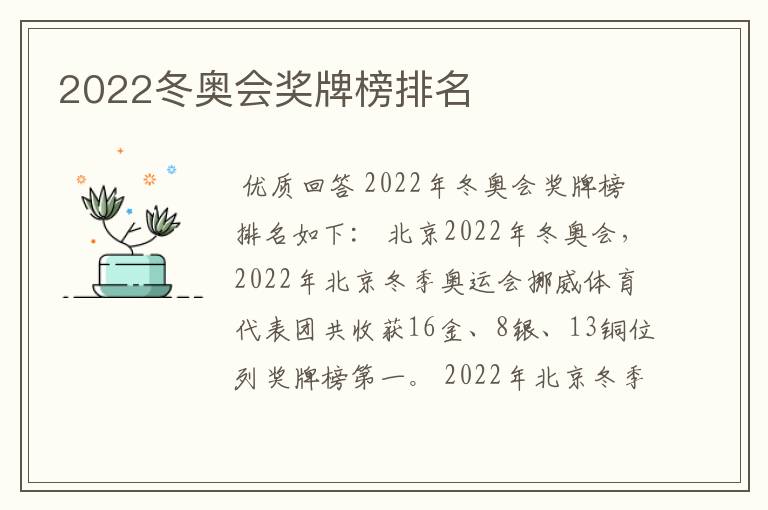 2022冬奥会奖牌榜排名