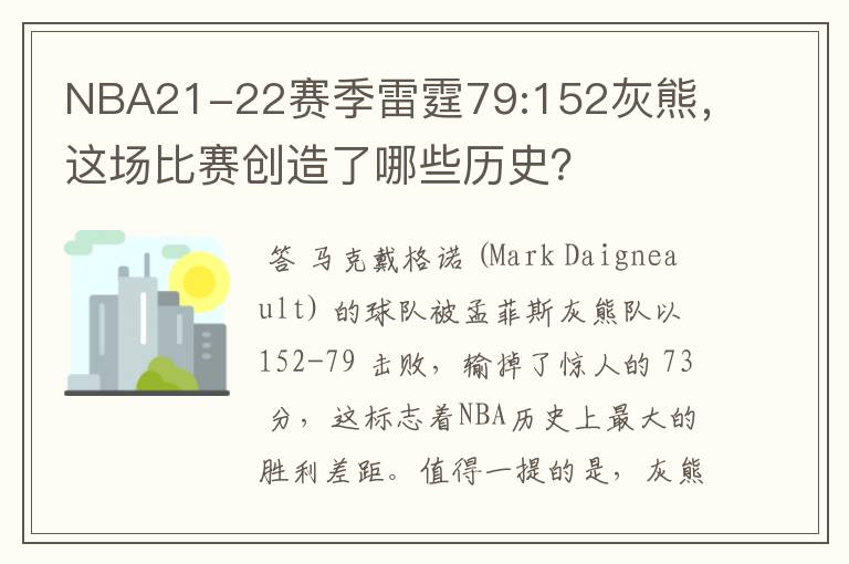 NBA21-22赛季雷霆79:152灰熊,这场比赛创造了哪些历史?