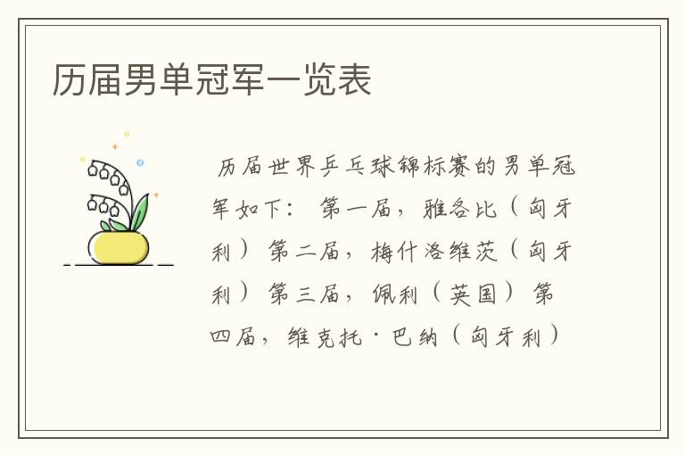 历届男单冠军一览表