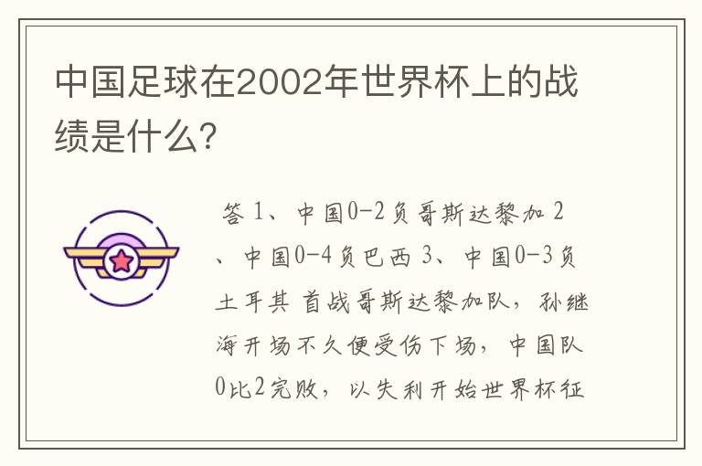 中国足球在2002年世界杯上的战绩是什么？