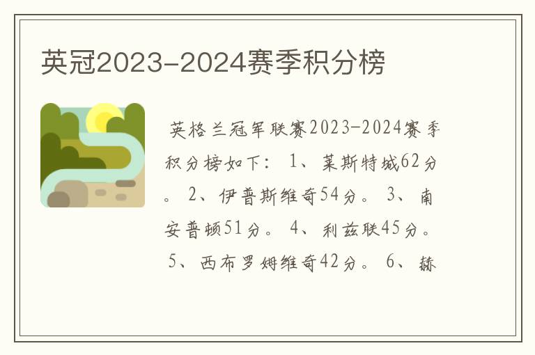 英冠2023-2024赛季积分榜