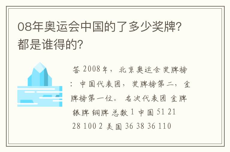 08年奥运会中国的了多少奖牌？都是谁得的？