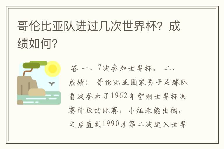 哥伦比亚队进过几次世界杯?成绩如何?