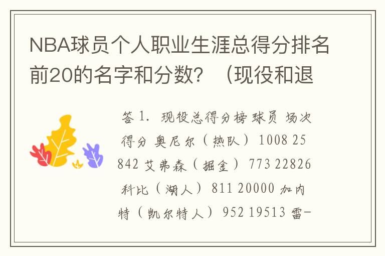 NBA球员个人职业生涯总得分排名前20的名字和分数？（现役和退役都包括）