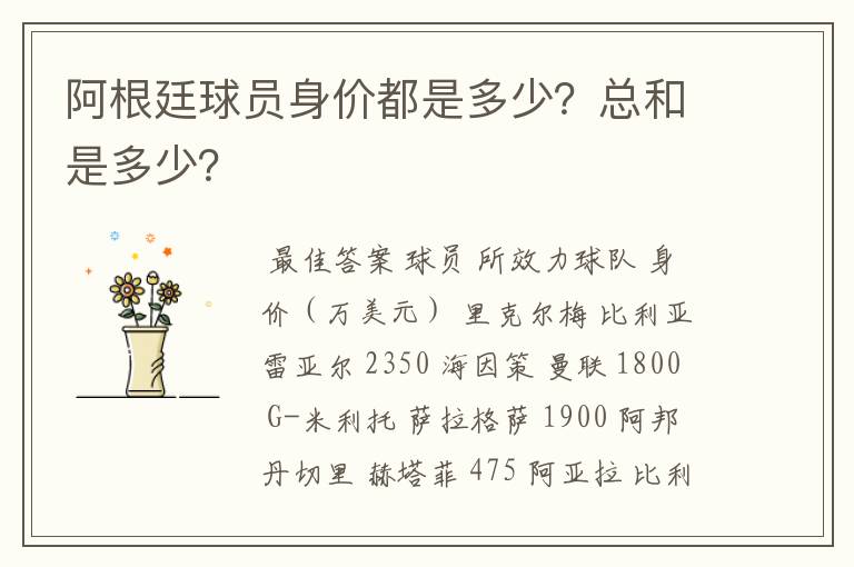 阿根廷球员身价都是多少?总和是多少?