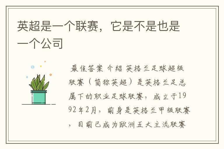 英超是一个联赛,它是不是也是一个公司