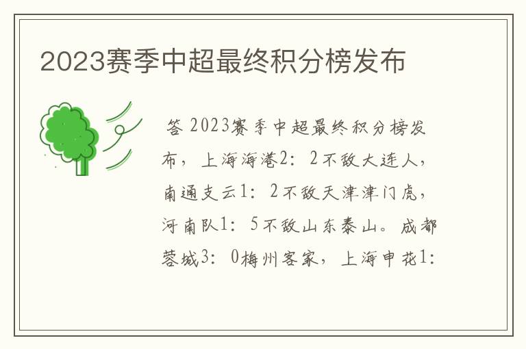 2023赛季中超最终积分榜发布