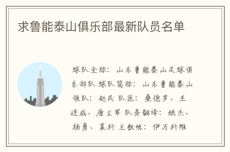 求鲁能泰山俱乐部最新队员名单