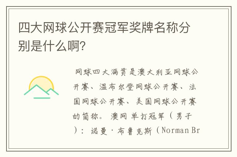 四大网球公开赛冠军奖牌名称分别是什么啊?