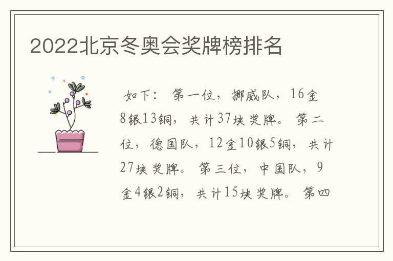 2022北京冬奥会奖牌榜排名